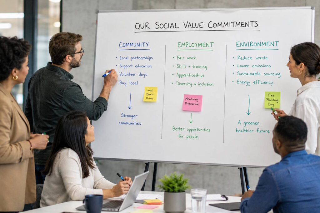 Team writing social value commitments on a whiteboard