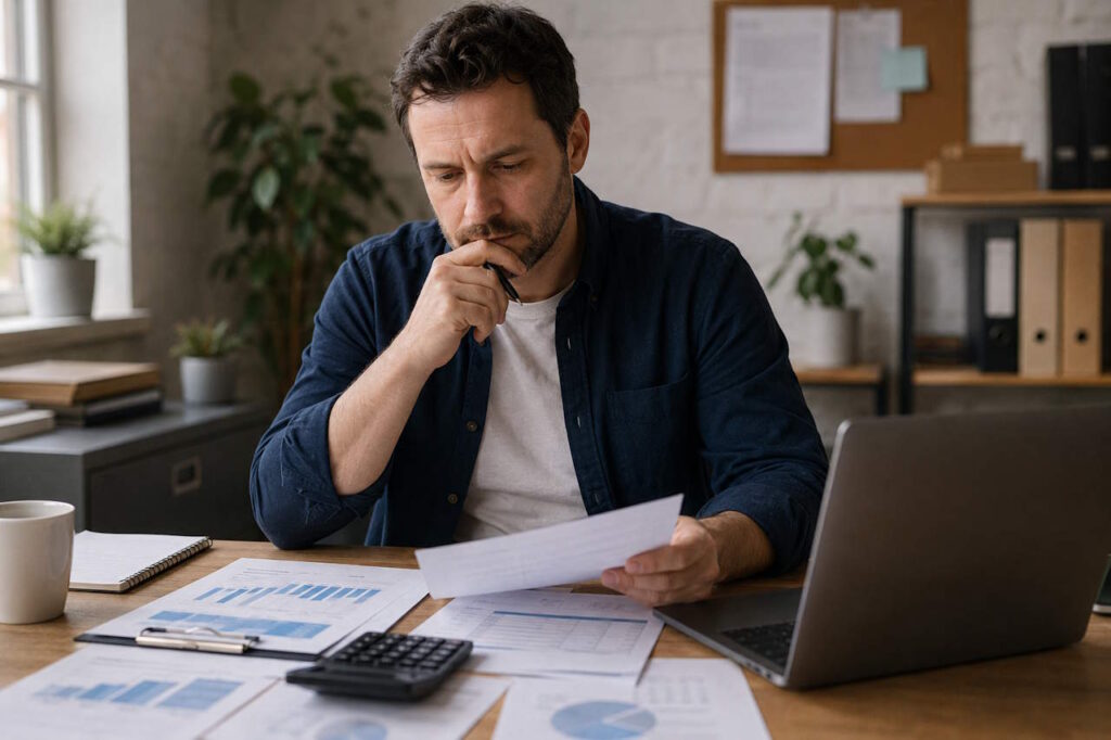 Small business owner reviewing charts
